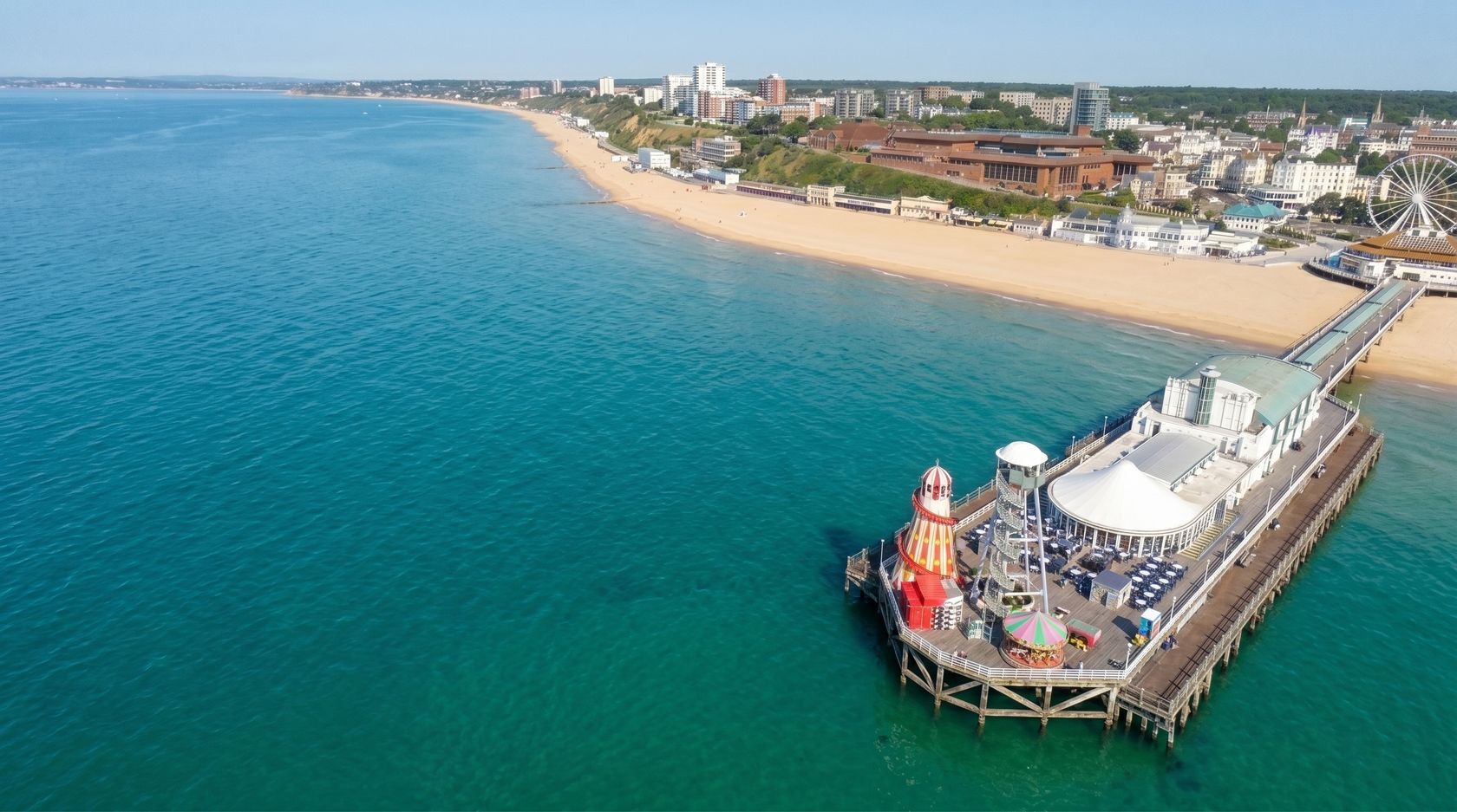 Aerial view of Bournemouth Pier, beach and seafront on the Dorset coast